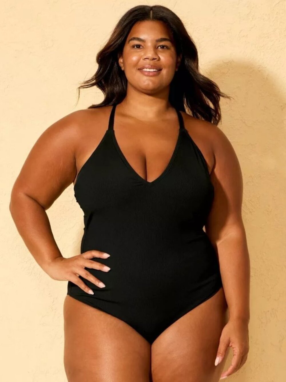NEW Shade & Shore Ribbed Plunge Neck Cheeky Coverage One Piece Swimsuit - Black